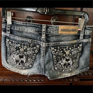 PLATINUM PLUSH RHINESTONE & STUD SKULL SHORTS 4513